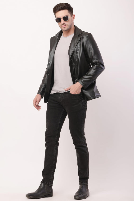 Wolver Men's PU Leather Blazer, Casual Party, 2-Button