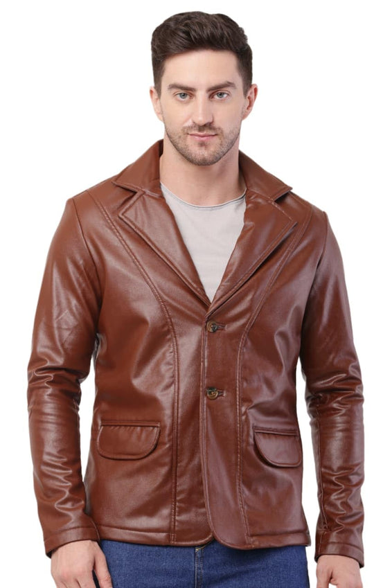 Wolver Men's PU Leather Blazer, Casual Party, 2-Button