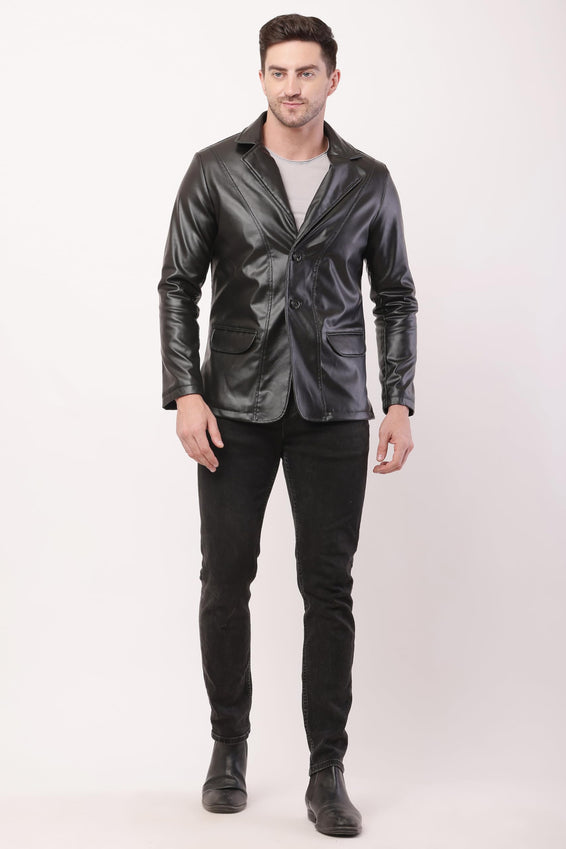Wolver Men's PU Leather Blazer, Casual Party, 2-Button