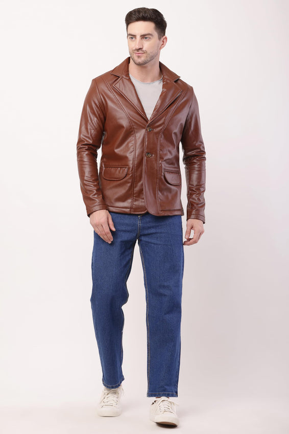 Wolver Men's PU Leather Blazer, Casual Party, 2-Button