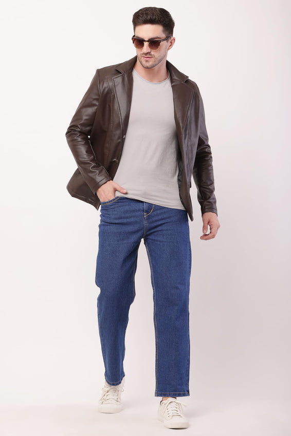 Wolver Men's PU Leather Blazer, Casual Party, 2-Button