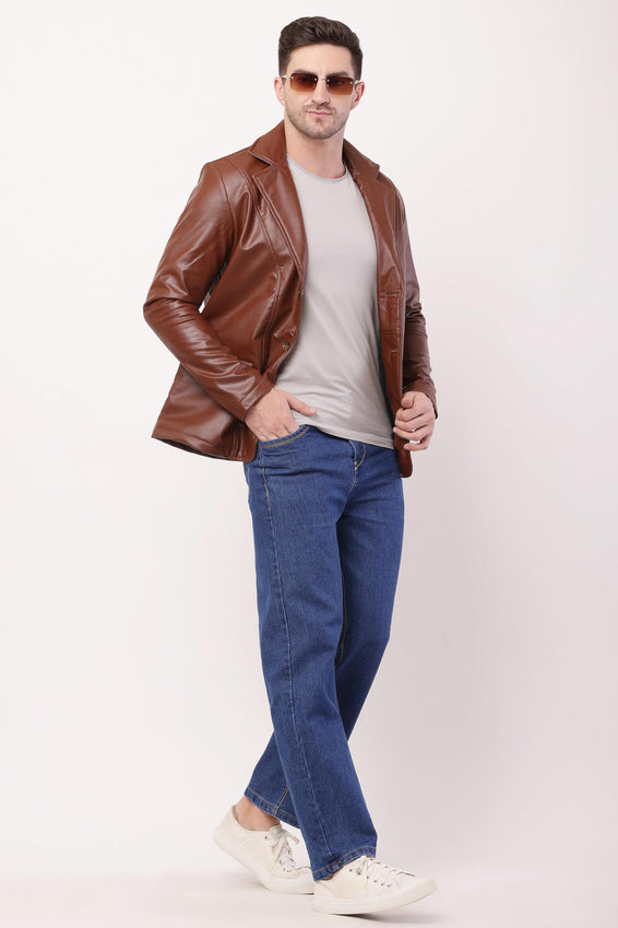 Wolver Men's PU Leather Blazer, Casual Party, 2-Button