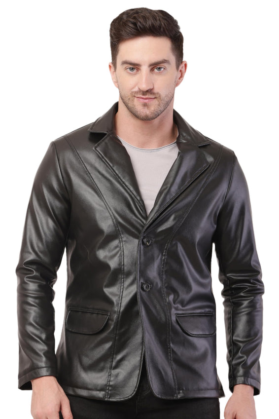 Wolver Men's PU Leather Blazer, Casual Party, 2-Button
