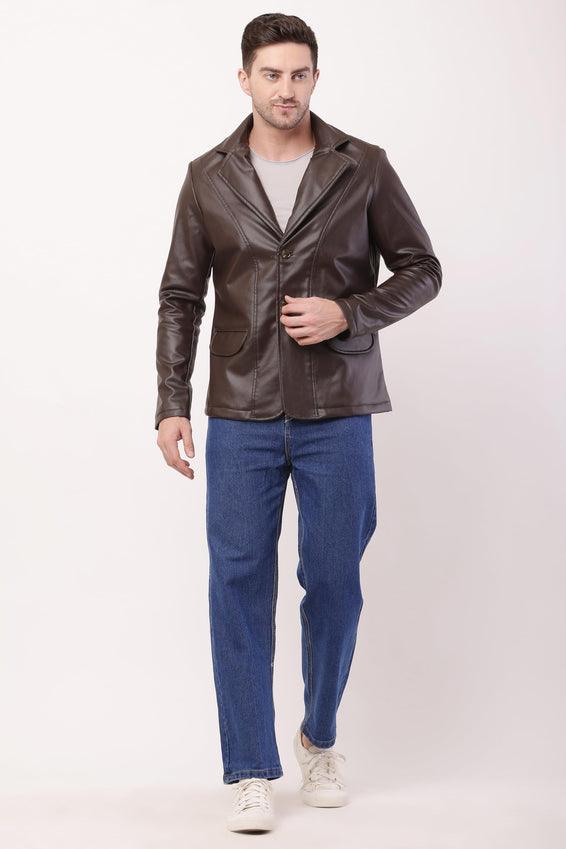 Wolver Men's PU Leather Blazer, Casual Party, 2-Button