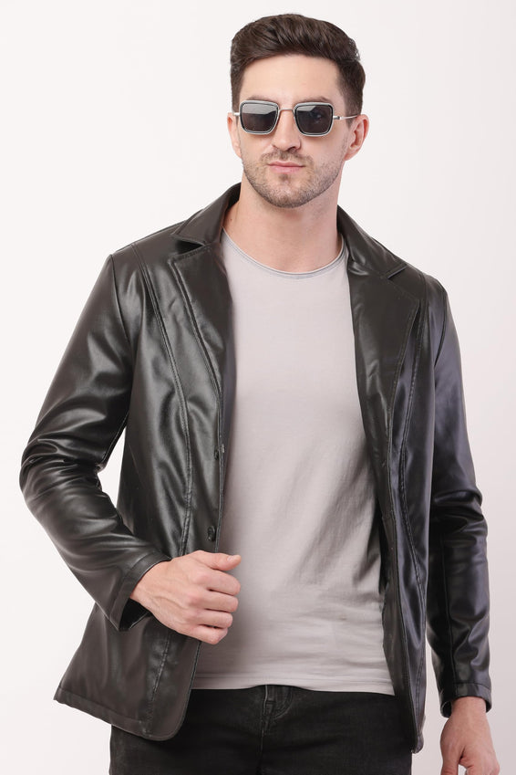 Wolver Men's PU Leather Blazer, Casual Party, 2-Button