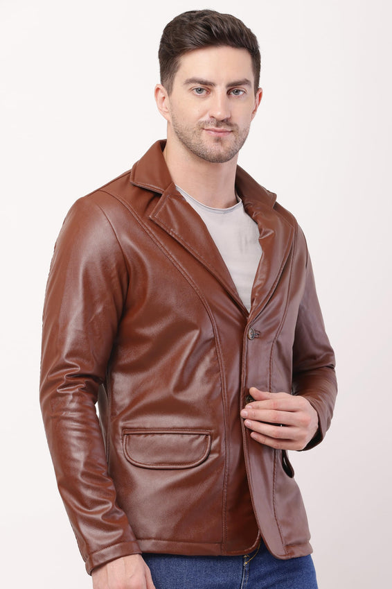 Wolver Men's PU Leather Blazer, Casual Party, 2-Button