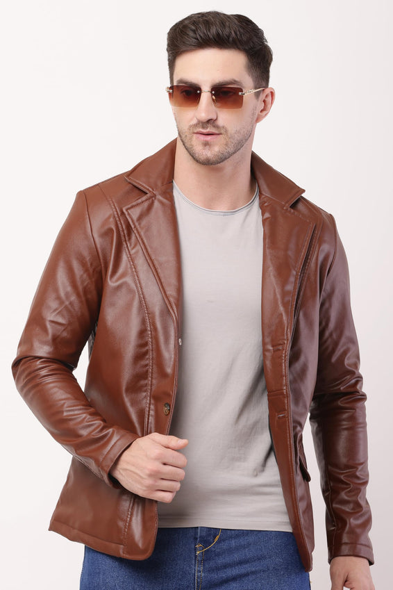 Wolver Men's PU Leather Blazer, Casual Party, 2-Button