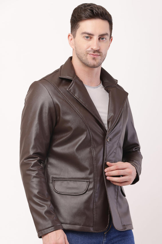 Wolver Men's PU Leather Blazer, Casual Party, 2-Button