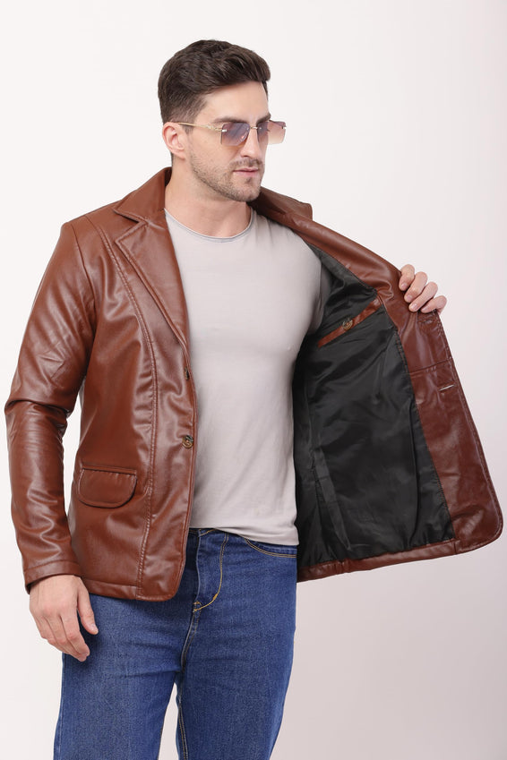 Wolver Men's PU Leather Blazer, Casual Party, 2-Button