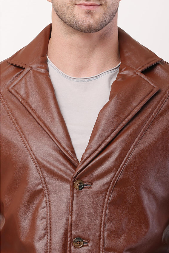 Wolver Men's PU Leather Blazer, Casual Party, 2-Button