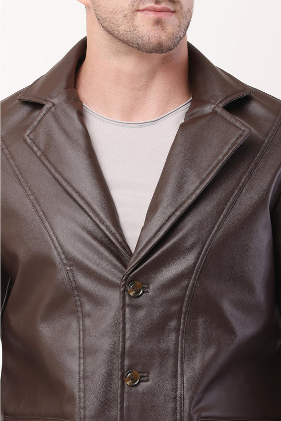 Wolver Men's PU Leather Blazer, Casual Party, 2-Button