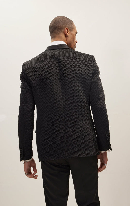 Mens' All Over Quilted Shawl Lapel Tuxedo Jacket - Black