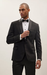 Mens' All Over Quilted Shawl Lapel Tuxedo Jacket - Black
