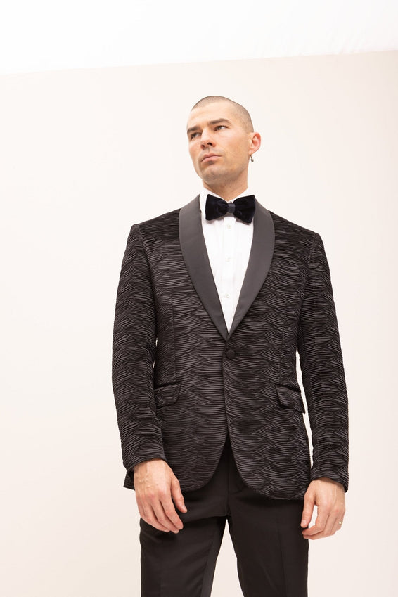 Allover Pleated Satin Tuxedo Jacket - Jet Black