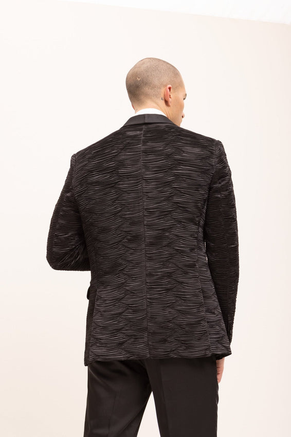 Allover Pleated Satin Tuxedo Jacket - Jet Black