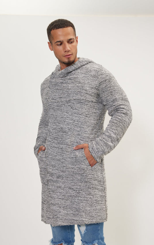 Asymmetric hooded long cardigan - White Black