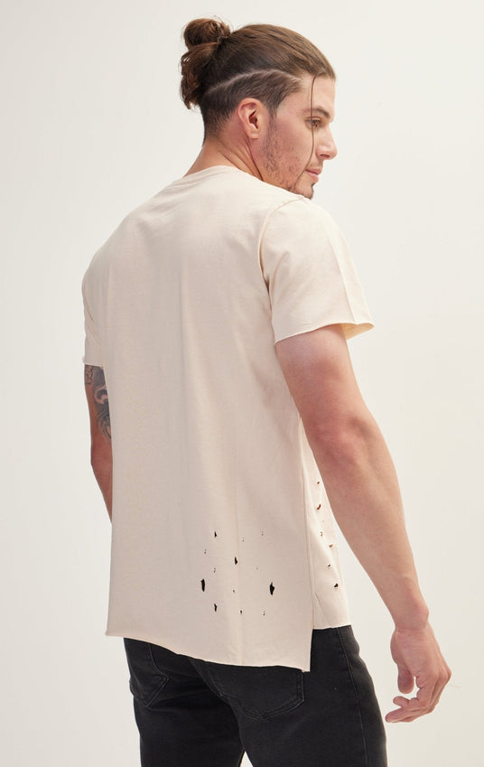 Asymmetric Stitched Distorted T-Shirt - Stone
