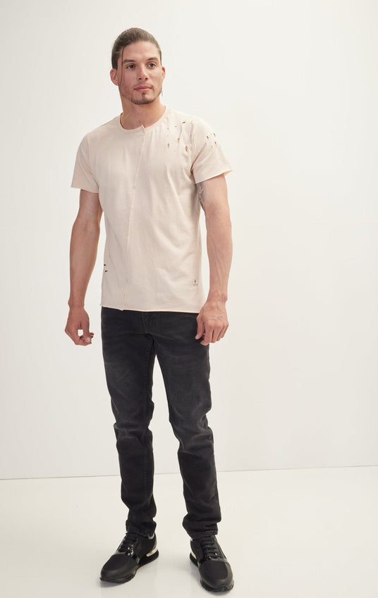 Asymmetric Stitched Distorted T-Shirt - Stone