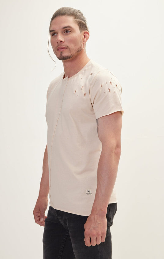 Asymmetric Stitched Distorted T-Shirt - Stone