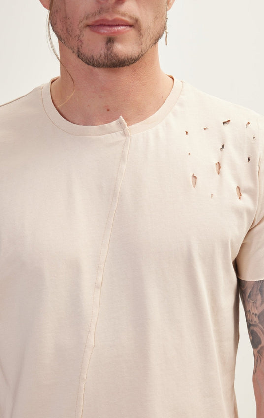 Asymmetric Stitched Distorted T-Shirt - Stone