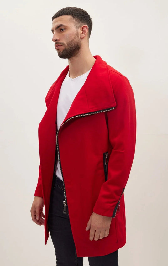 Asymmetrical Zipper Closure Coat - Red