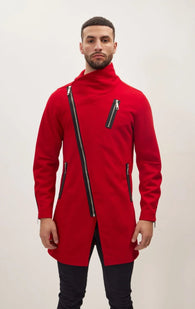 Asymmetrical Zipper Closure Coat - Red