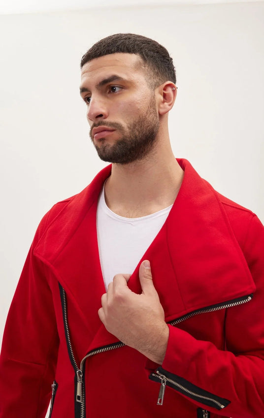Asymmetrical Zipper Closure Coat - Red