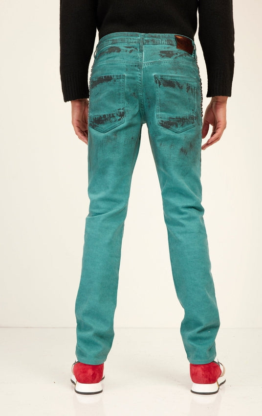 Black Paint Swiped Denim Jeans - Dark Green