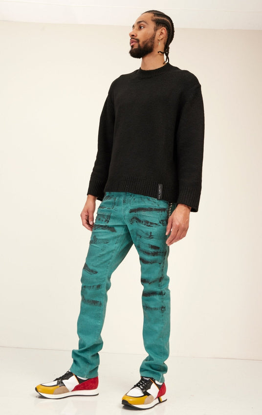 Black Paint Swiped Denim Jeans - Dark Green