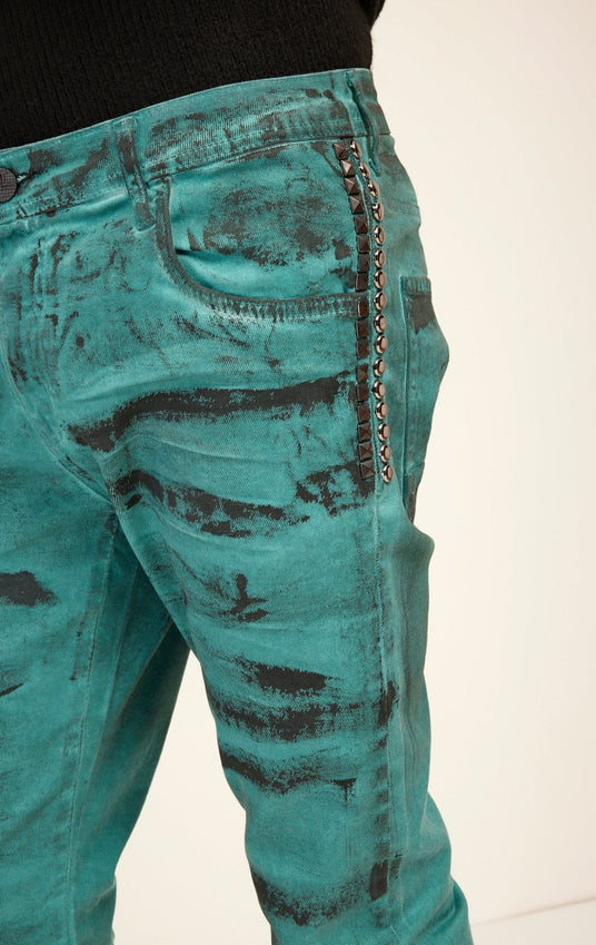Black Paint Swiped Denim Jeans - Dark Green