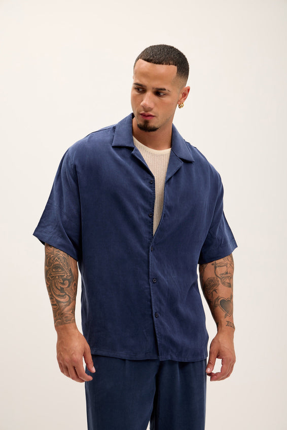 Breezy Relaxed Camp Collar Shirt - Navy