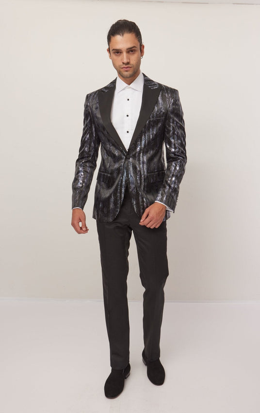 Brush Stroke Wet Look Peak Lapel Tuxedo Jacket - Silver