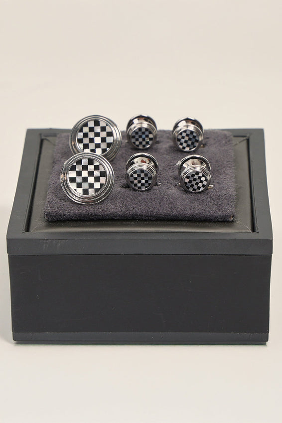 Checkered Circular Cufflinks Stud Set Silver