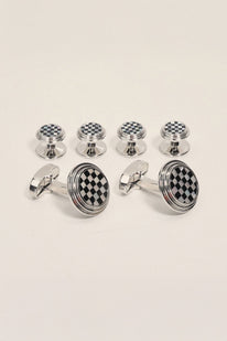 Checkered Circular Cufflinks Stud Set Silver