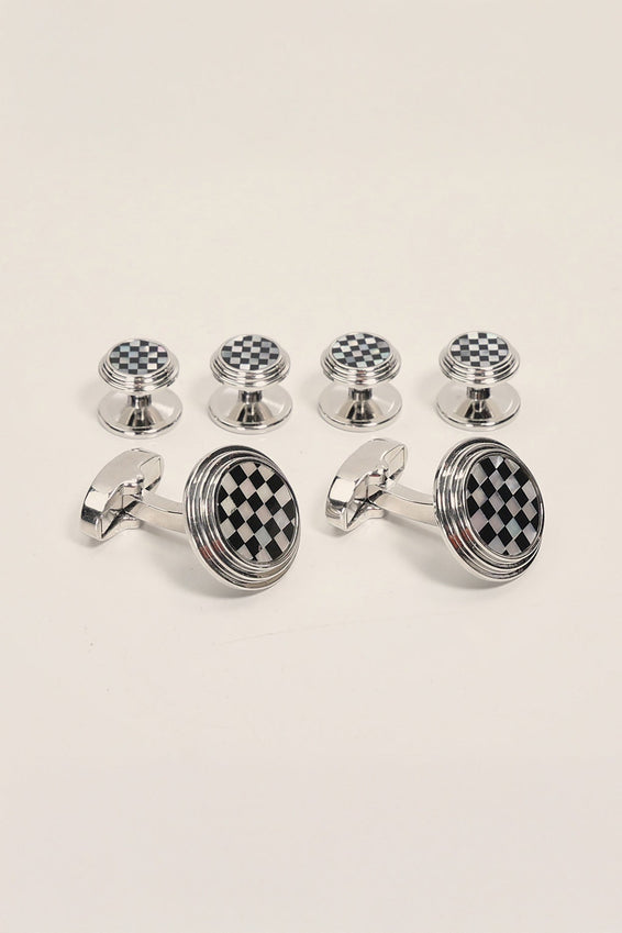 Checkered Circular Cufflinks Stud Set Silver