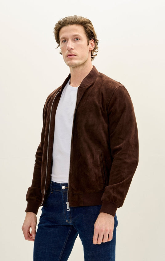 Classic Suede Leather Bomber - Chocolate Brown