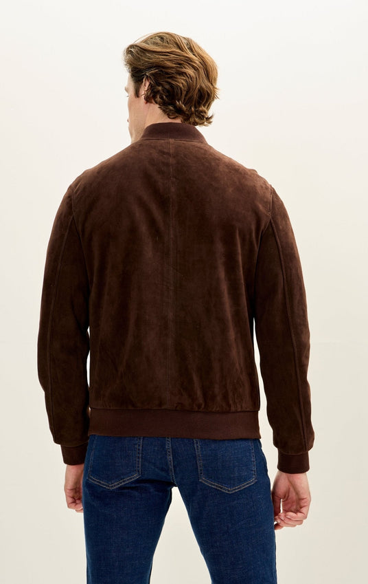 Classic Suede Leather Bomber - Chocolate Brown