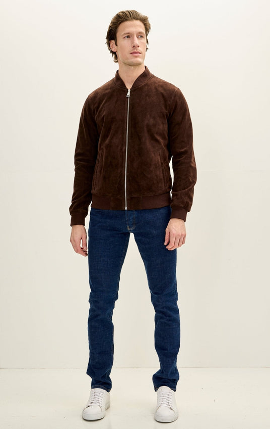 Classic Suede Leather Bomber - Chocolate Brown