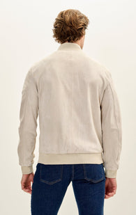 Classic Suede Leather Bomber Jacket - Beige