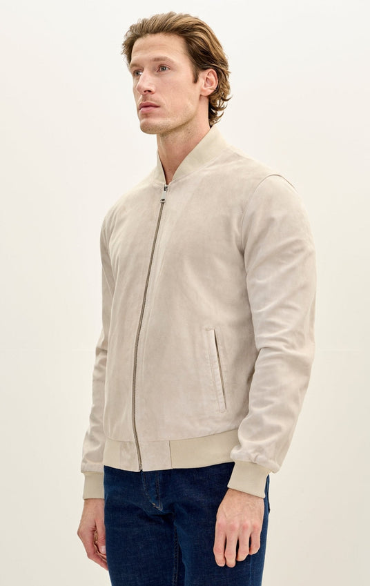 Classic Suede Leather Bomber Jacket - Beige