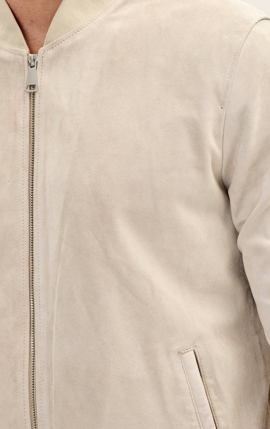 Classic Suede Leather Bomber Jacket - Beige