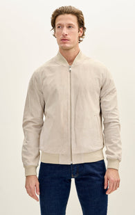Classic Suede Leather Bomber Jacket - Beige