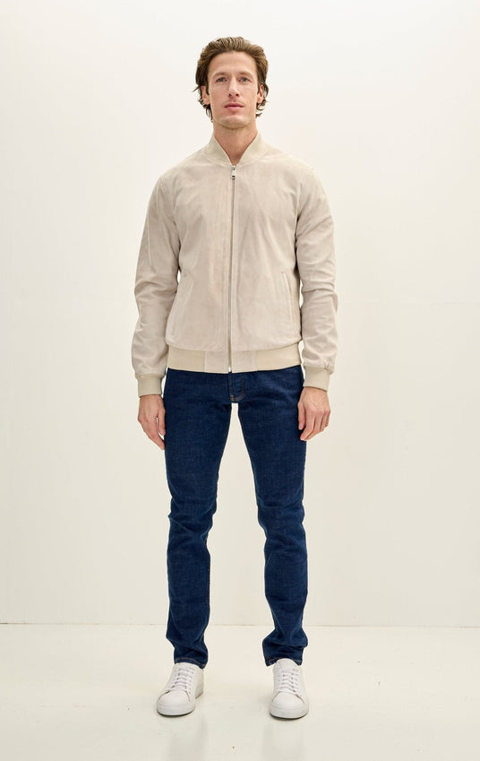 Classic Suede Leather Bomber Jacket - Beige