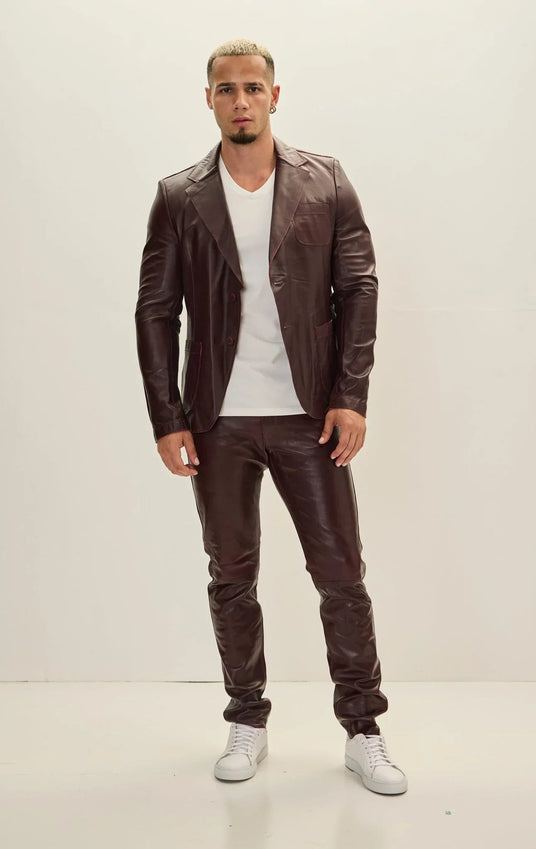 Classic Two-Button Leather Blazer - Wine