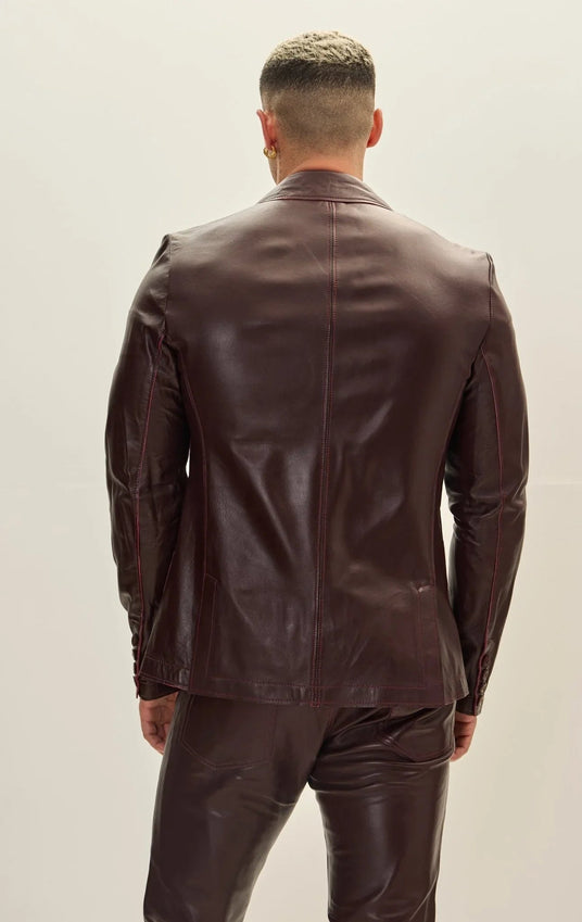 Classic Two-Button Leather Blazer - Wine