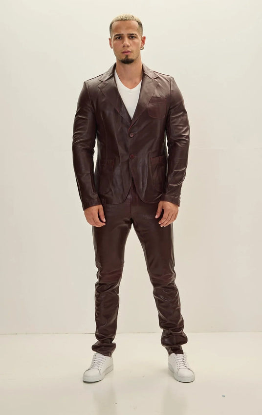 Classic Two-Button Leather Blazer - Wine