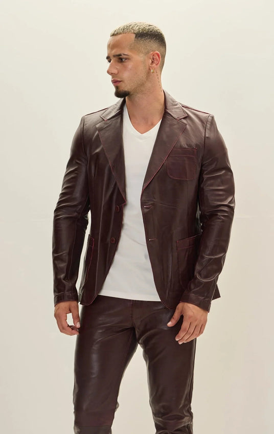 Classic Two-Button Leather Blazer - Wine