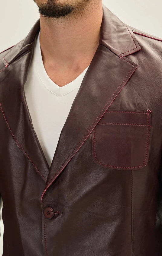 Classic Two-Button Leather Blazer - Wine