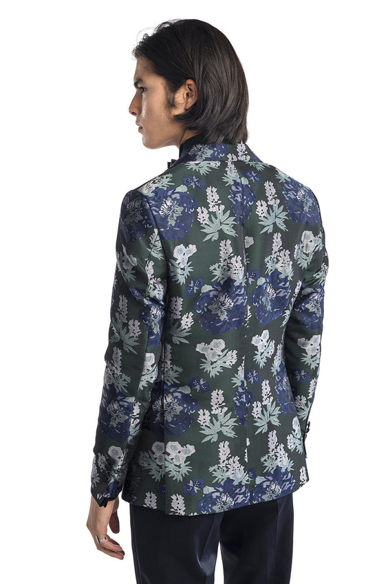 Contrast Peak Lapel All Over Floral Tuxedo - Navy Green