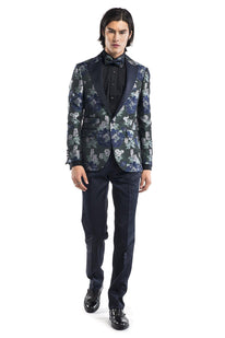 Contrast Peak Lapel All Over Floral Tuxedo - Navy Green